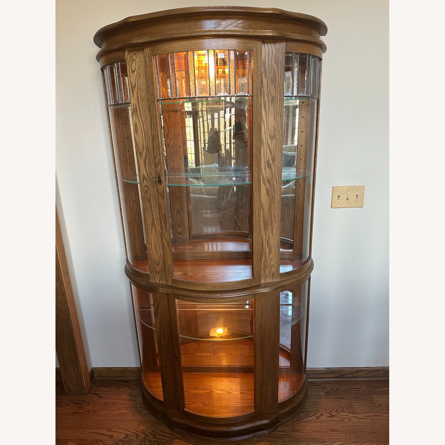 Lighted Oak Curio Cabinet W Glass Shelves - image-1