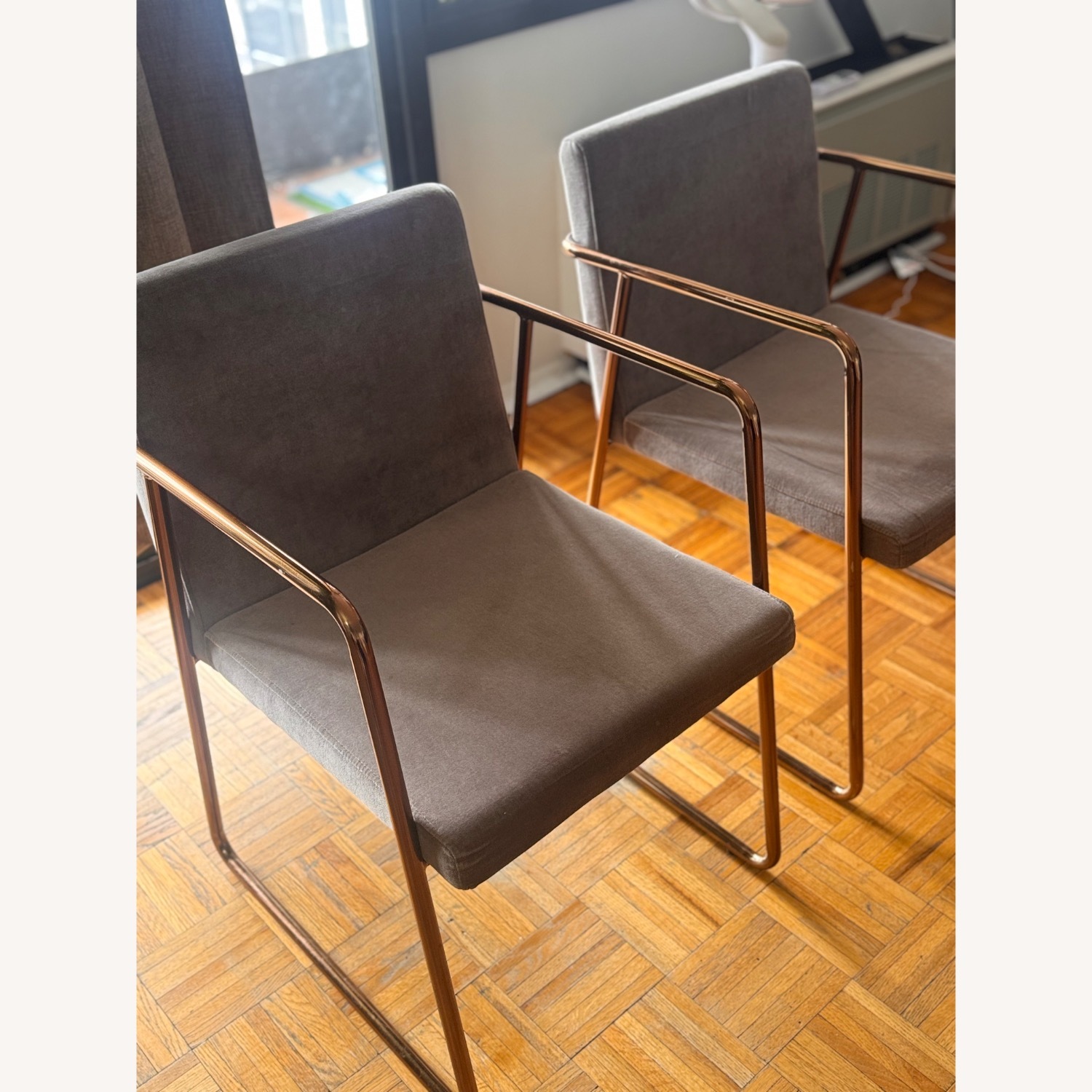 CB2 Rouka Light Gray Brass Dining Chairs - image-3