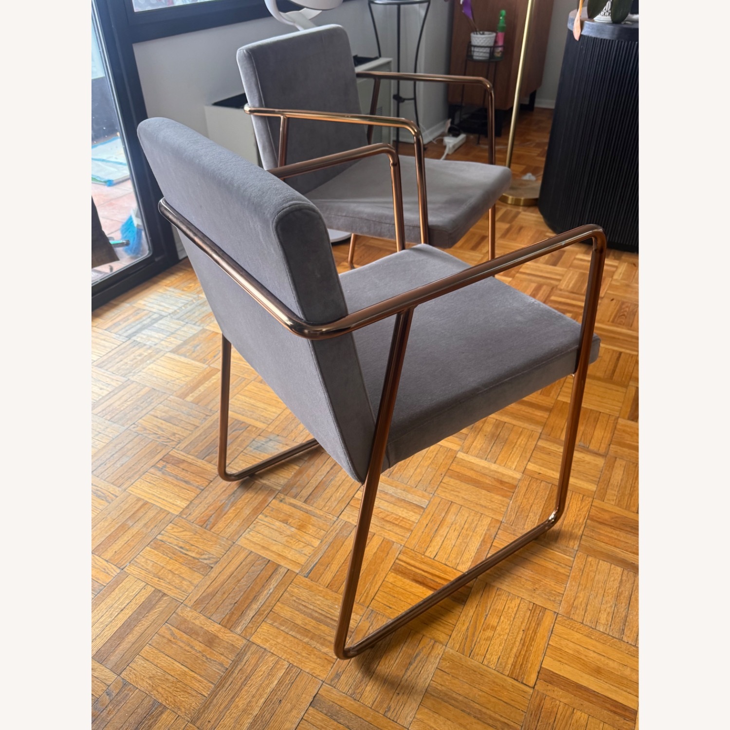 CB2 Rouka Light Gray Brass Dining Chairs - image-5