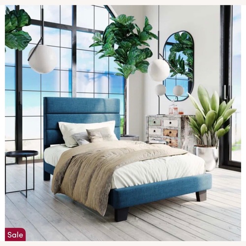 Used Elison Platform Bed with Fabric Upholstered Headboard and Wooden Slats for sale on AptDeco