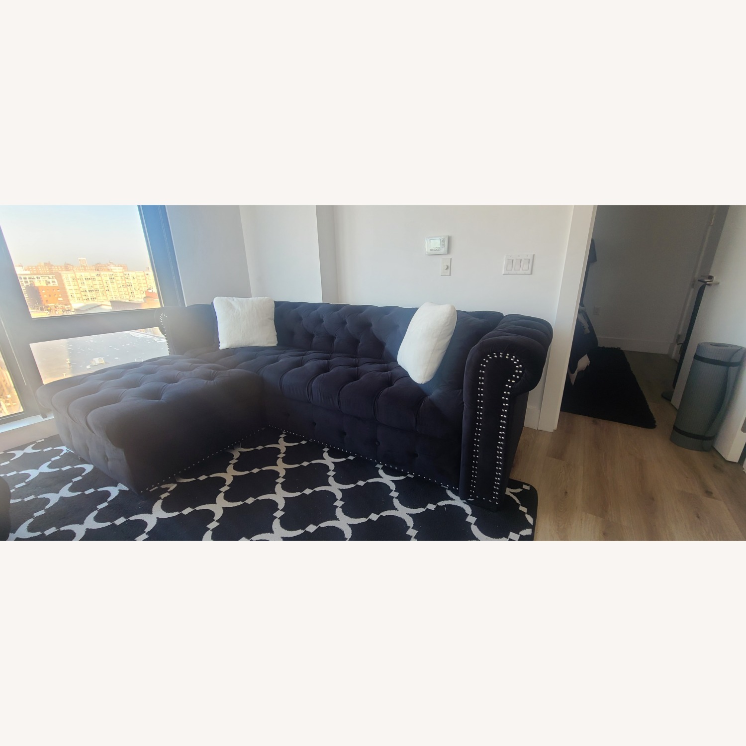 Black Velvet Sofa W Ottoman - image-3