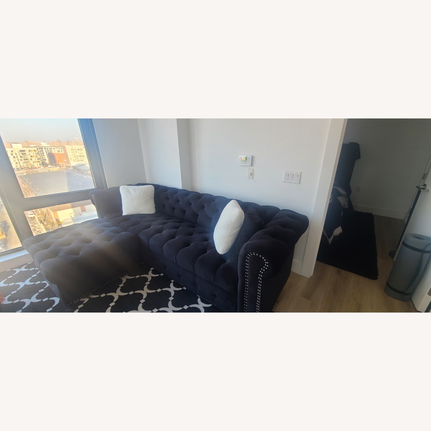 Black Velvet Sofa W Ottoman - image-2