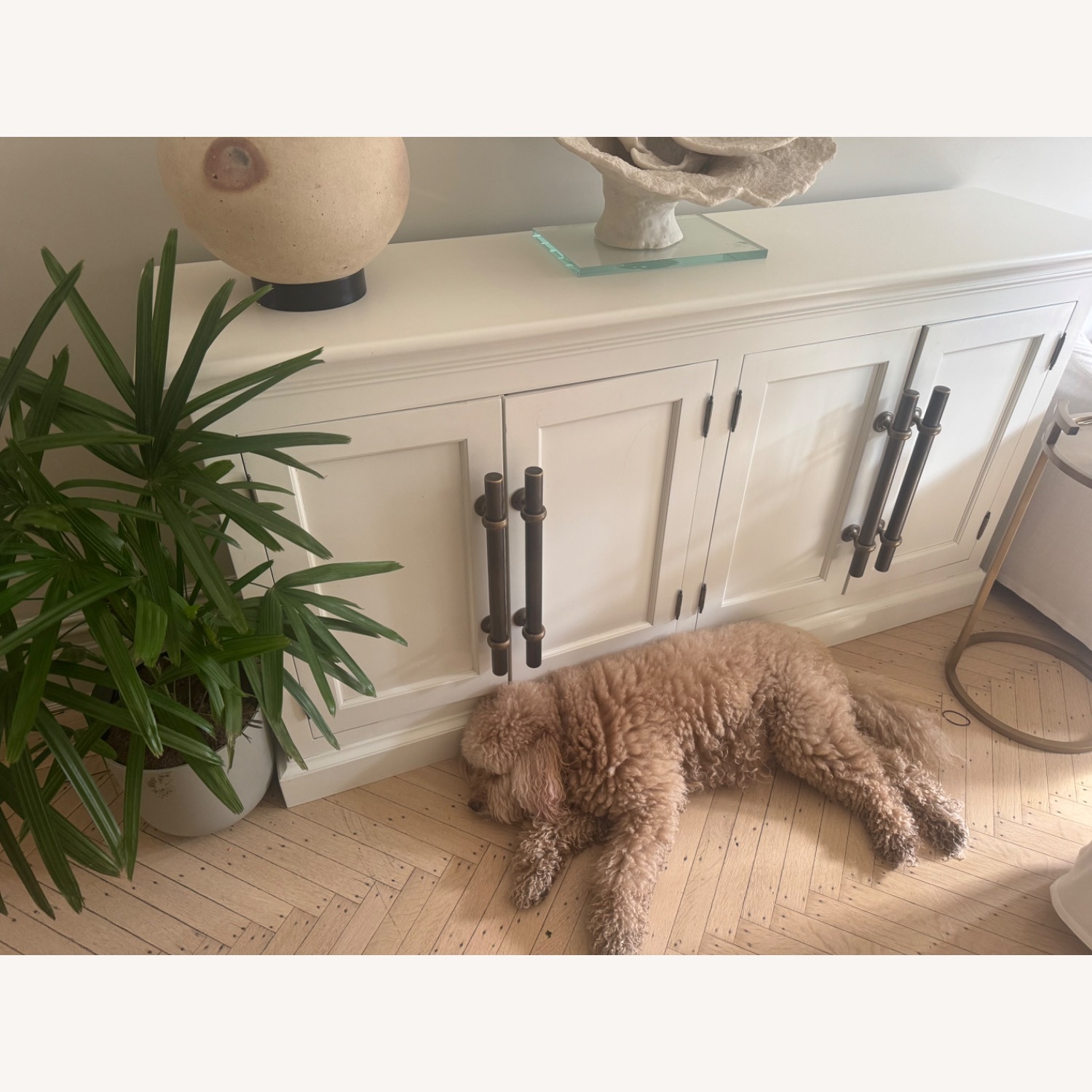 Restoration Hardware White 20th C. English Brass Bar Pull 4-Door Sideboard - image-1