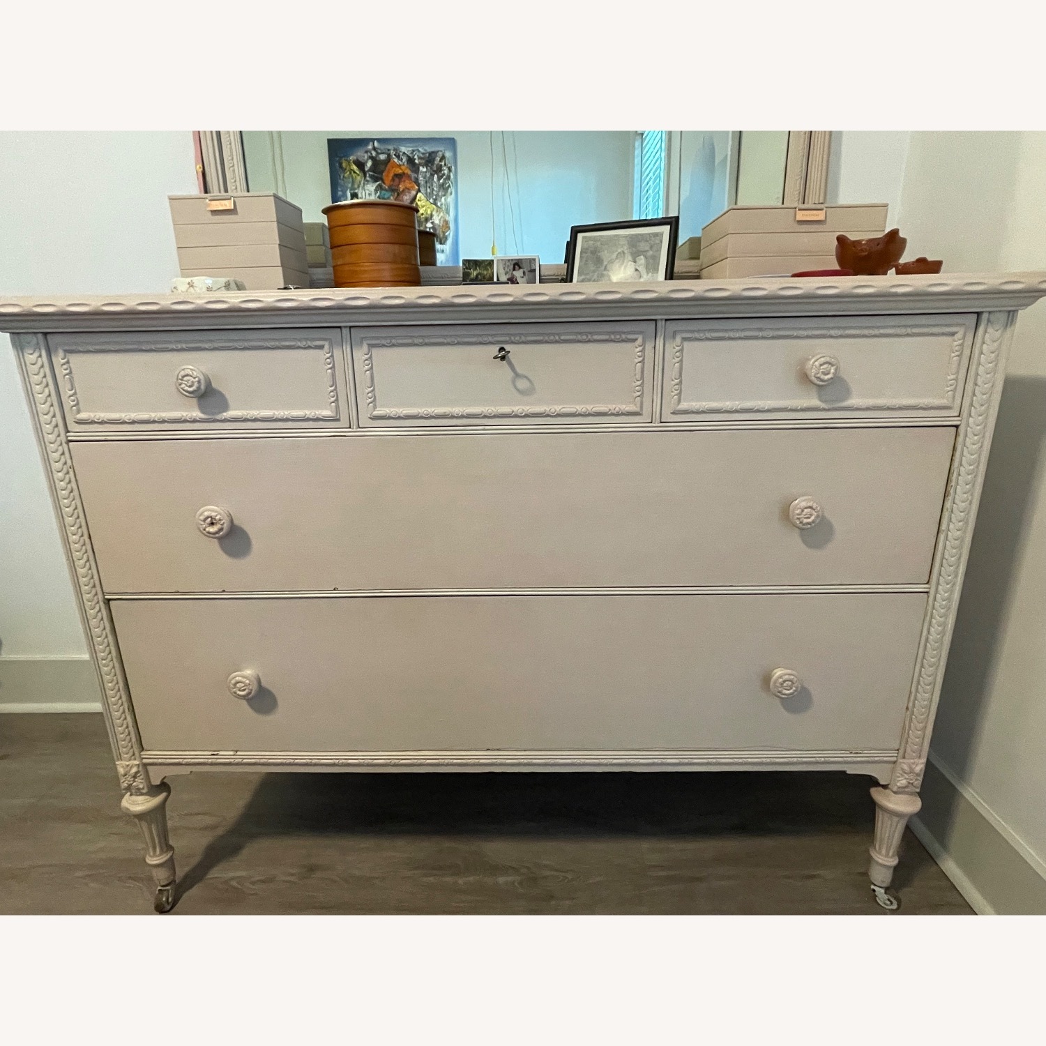 Vintage/Antique Pink 5 Drawer Dresser with Mirror - image-7