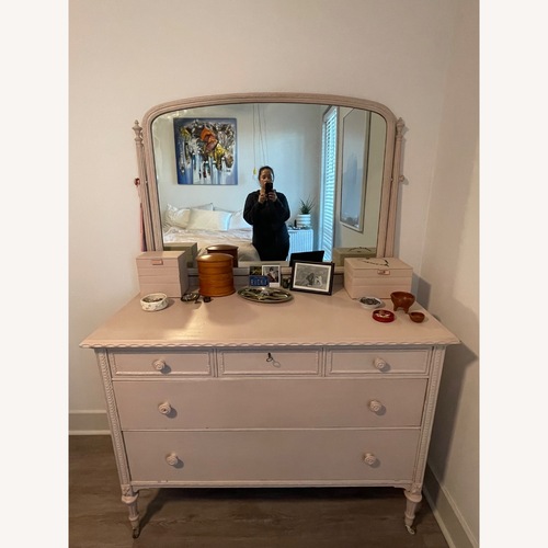 Used Vintage/Antique Pink 5 Drawer Dresser with Mirror for sale on AptDeco