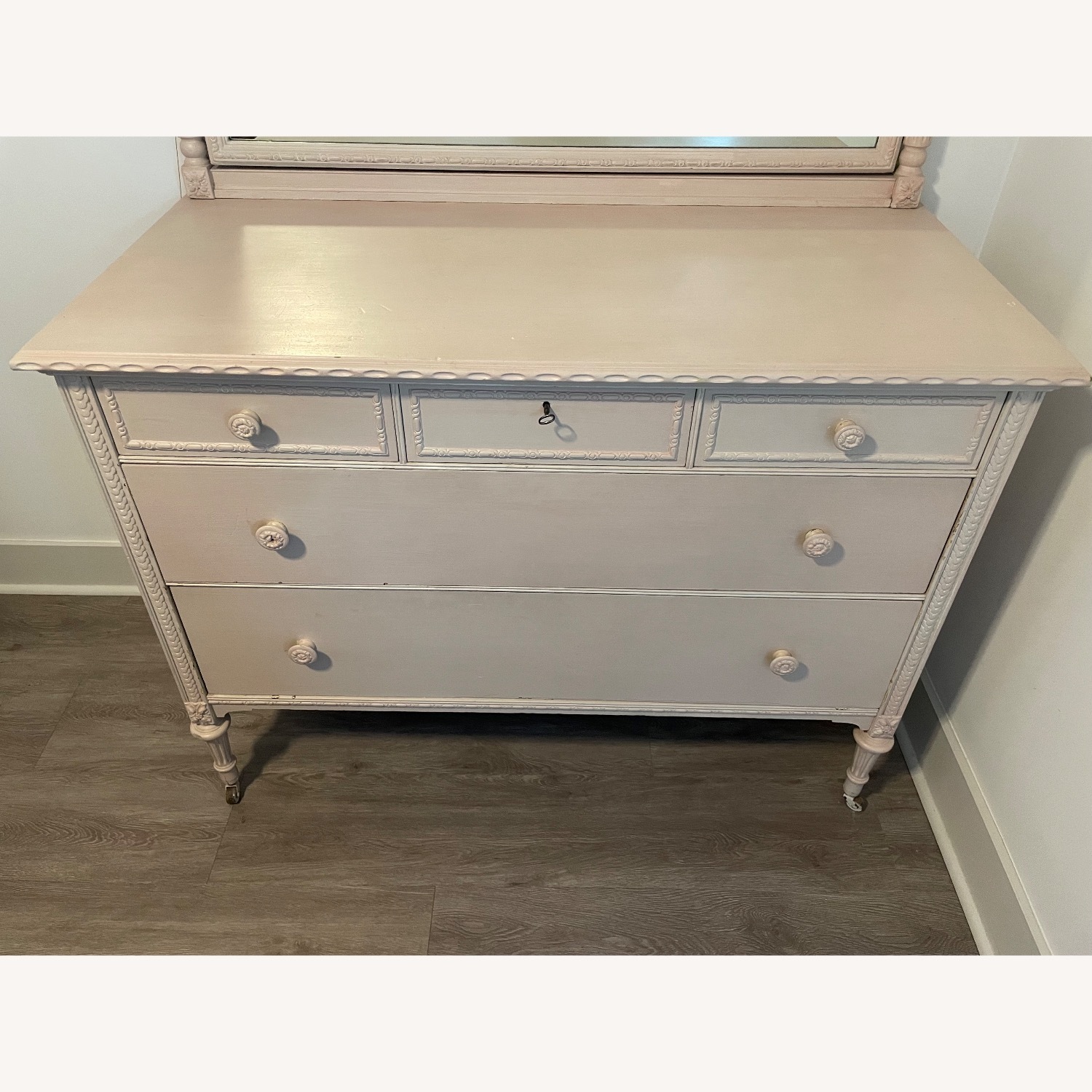 Vintage/Antique Pink 5 Drawer Dresser with Mirror - image-1