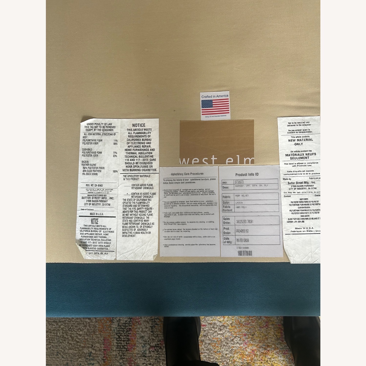 West Elm Harmony Blue Velvet 3+ Seater Sofa - image-3