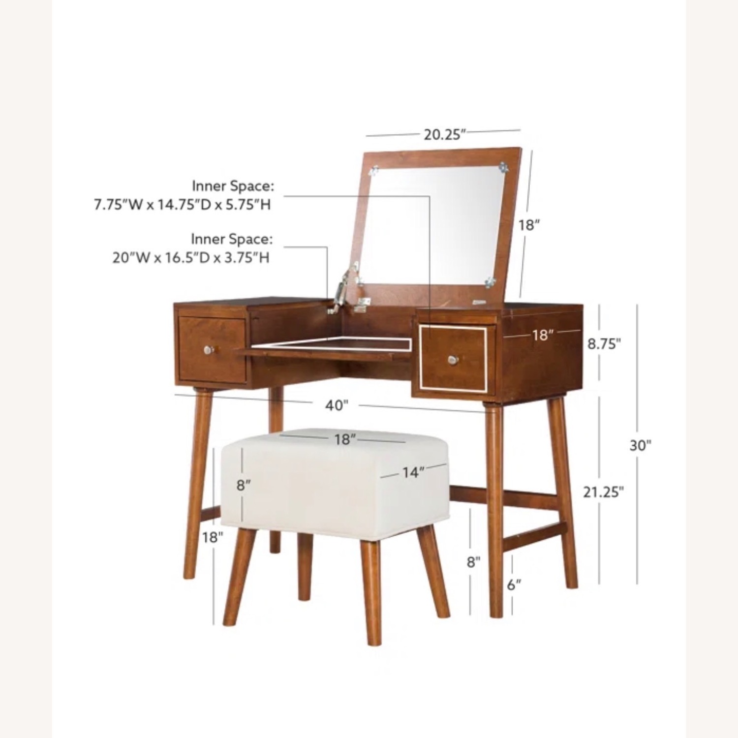 Headley Mid Century Modern 2 Drawer Flip Top Vanity Set - image-3