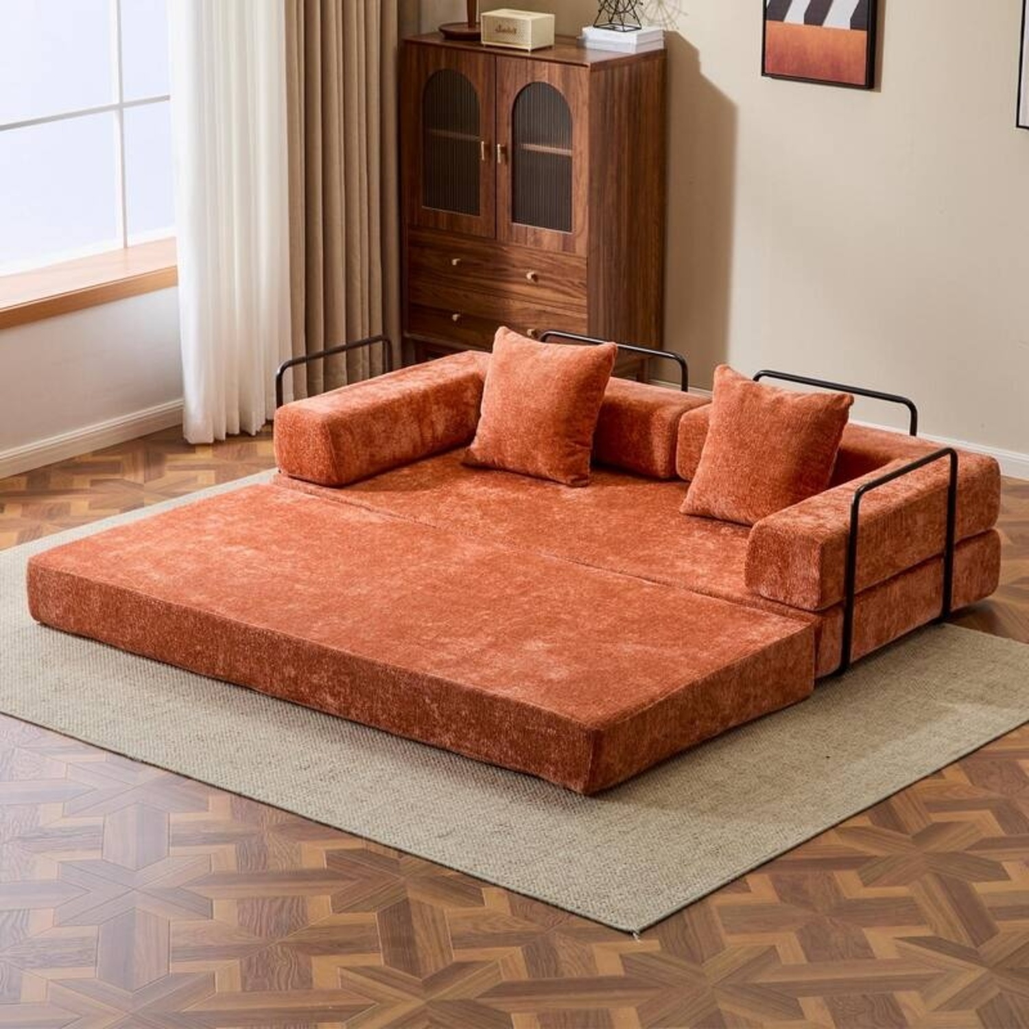 Orange Velvet Sleeper Sofa - image-4