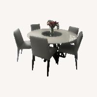 White Lacquer Dining Table, Wood Base + 6 Chairs