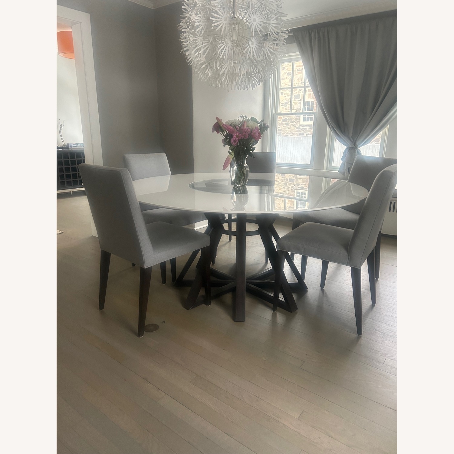 White Lacquer Dining Table, Wood Base + 6 Chairs - image-6