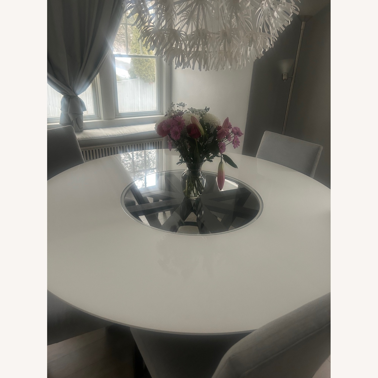 White Lacquer Dining Table, Wood Base + 6 Chairs - image-2