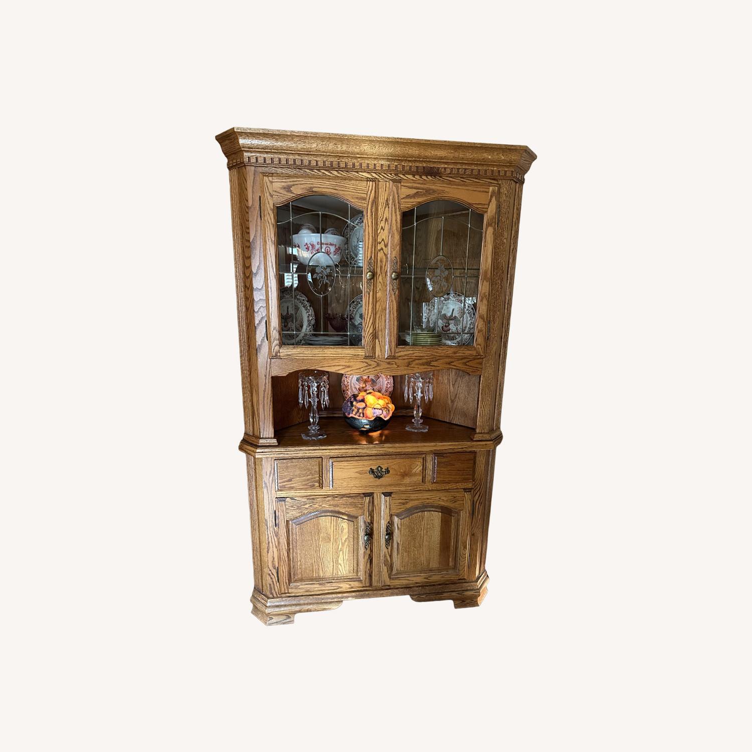 Solid Oak Corner Hutch China Cabinet Lighted, 2-Pc - image-0