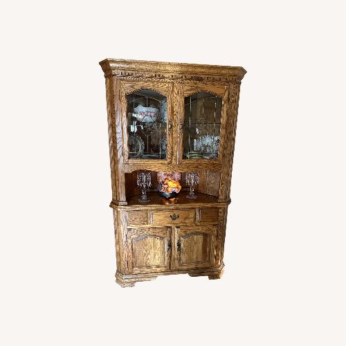 Used Solid Oak Corner Hutch China Cabinet Lighted, 2-Pc for sale on AptDeco