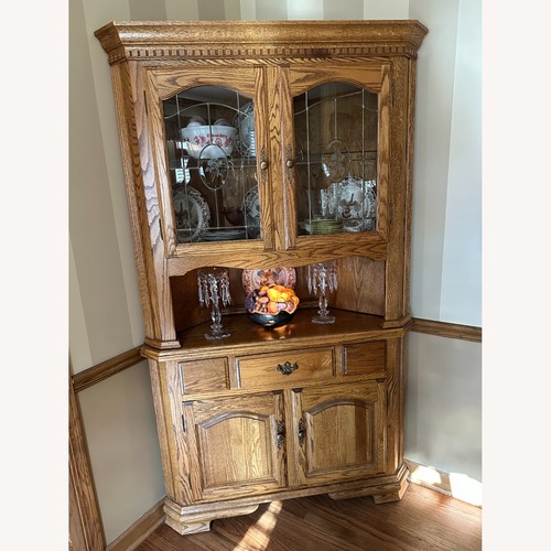 Used Solid Oak Corner Hutch China Cabinet Lighted, 2-Pc for sale on AptDeco
