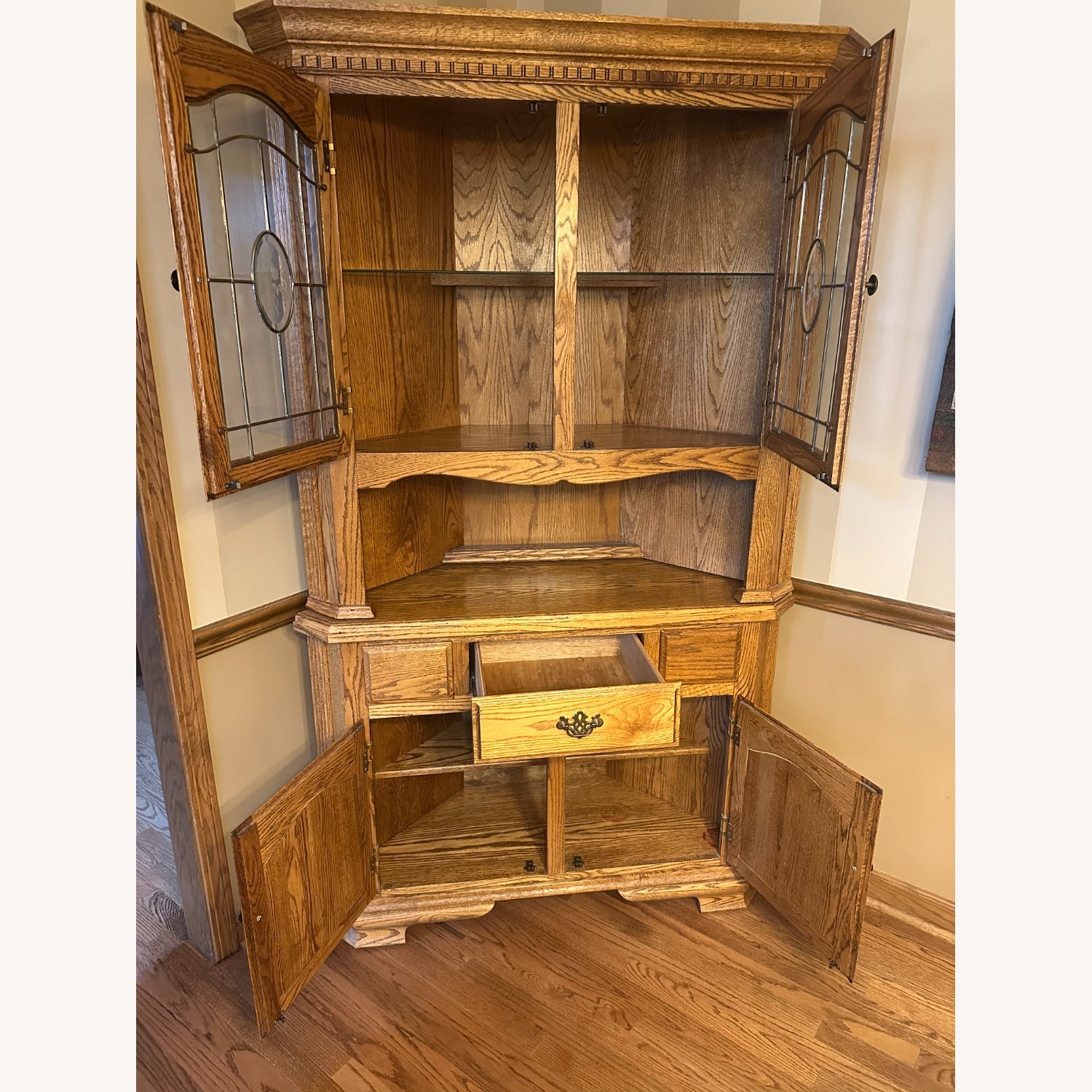 Solid Oak Corner Hutch China Cabinet Lighted, 2-Pc - image-2