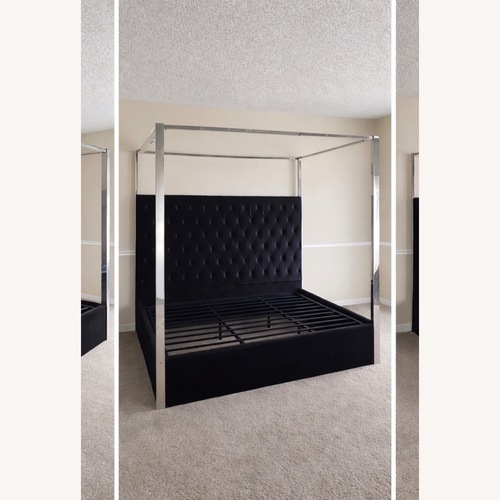 Used King Canopy Bed/Black Velvet Headboard for sale on AptDeco