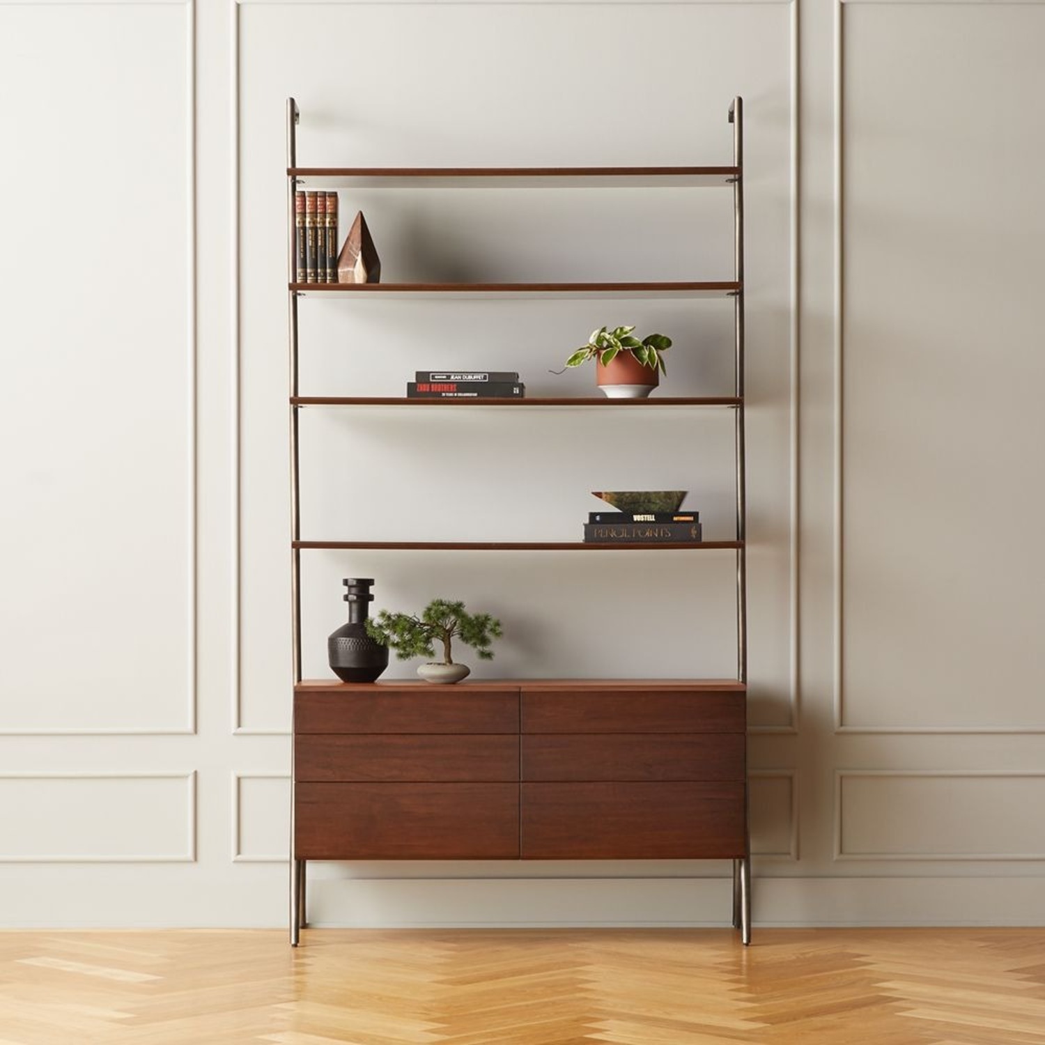 CB2 Jaxon Wood and Leather Bookcase - image-1