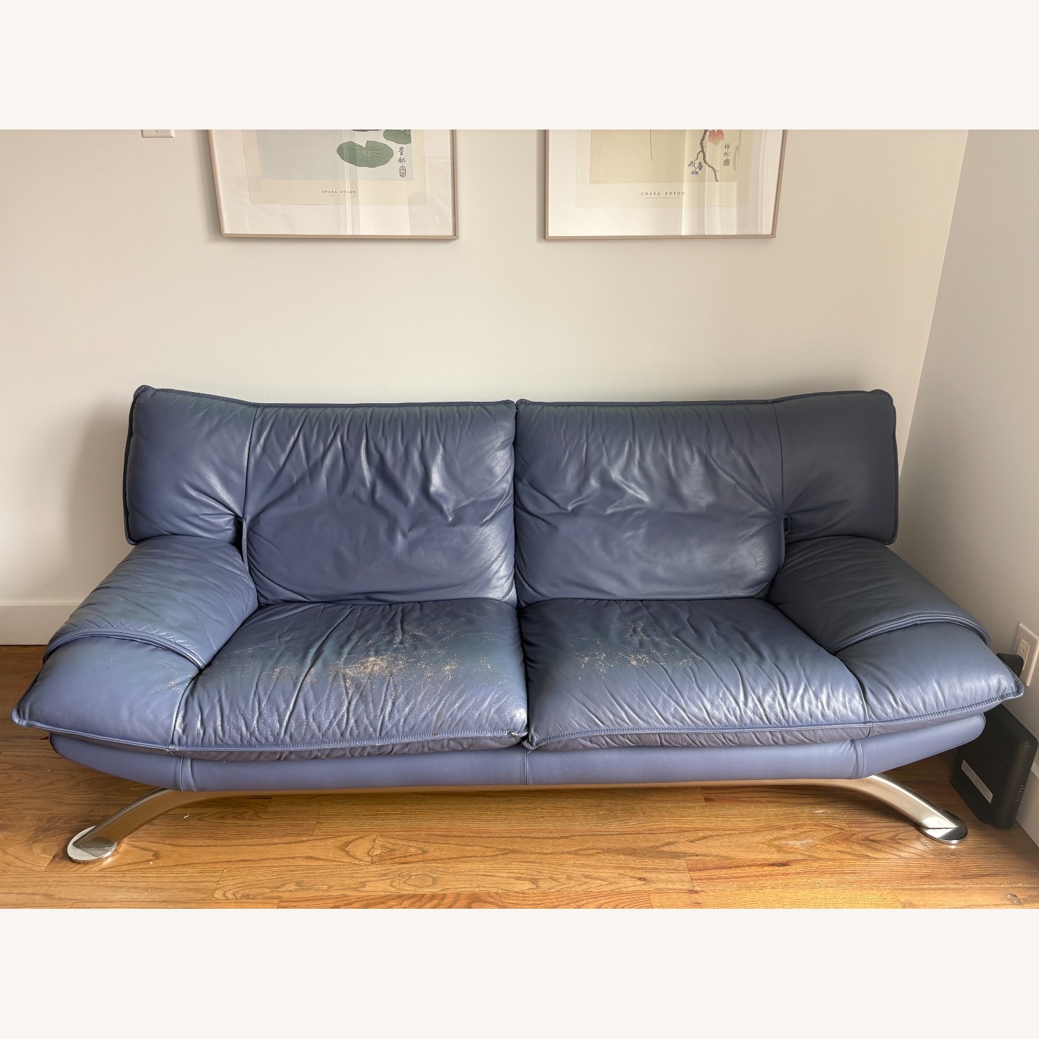 Vintage/Antique Nicoletti Blue Leather Loveseat - image-1