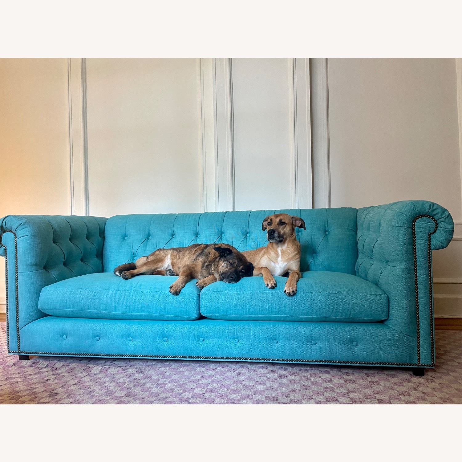 Anthropologie Turquoise Blue Fabric 2 Seater Sofa - image-2