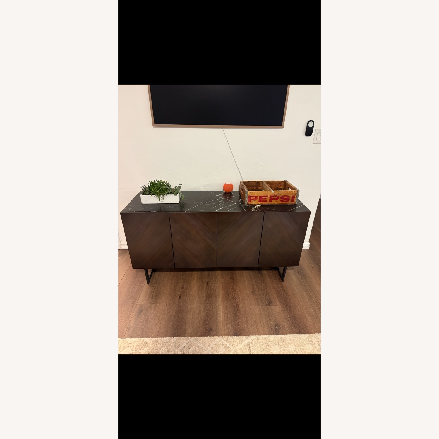CB2 Suspend 57" Charcoal Wood Media Console with Black Marble Top - image-1