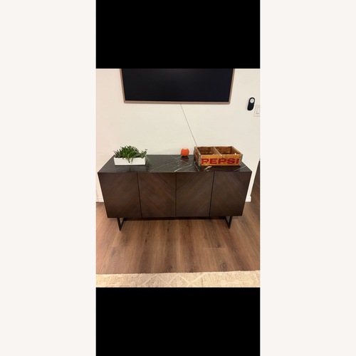 Used CB2 Suspend 57" Charcoal Wood Media Console with Black Marble Top for sale on AptDeco