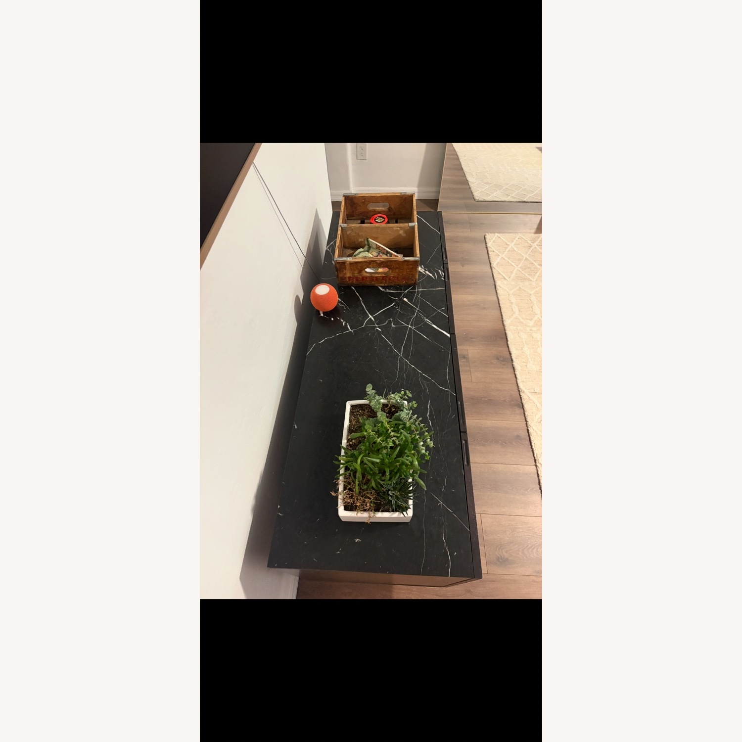 CB2 Suspend 57" Charcoal Wood Media Console with Black Marble Top - image-3