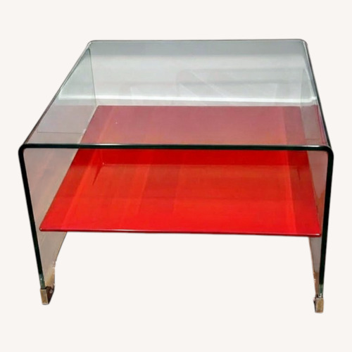 Used Postmod Waterfall Glass Coffee Table W Red Shelf for sale on AptDeco