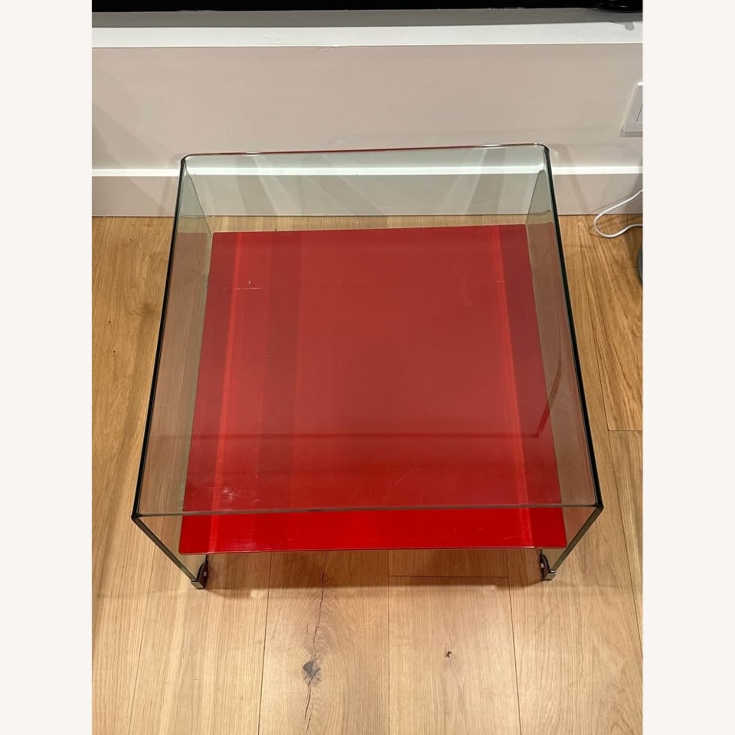 Postmod Waterfall Glass Coffee Table W Red Shelf - image-2