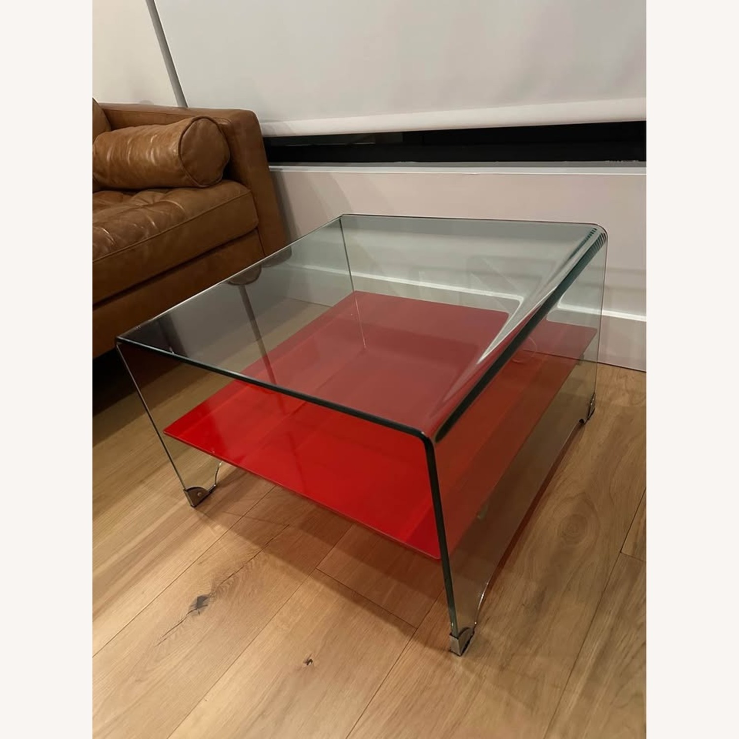 Postmod Waterfall Glass Coffee Table W Red Shelf - image-3