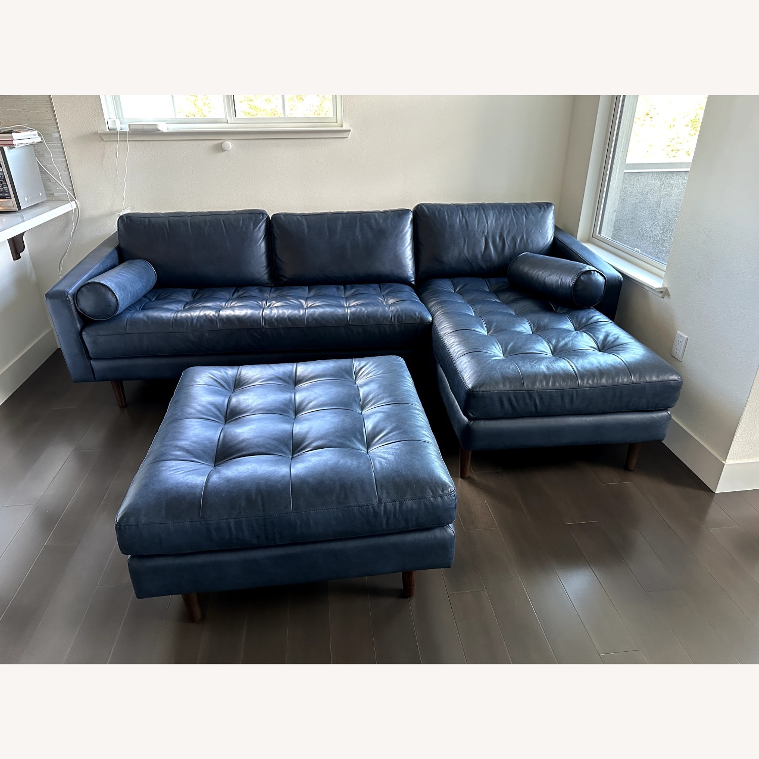 Poly & Bark Blue Leather Sectional W Ottoman - image-1
