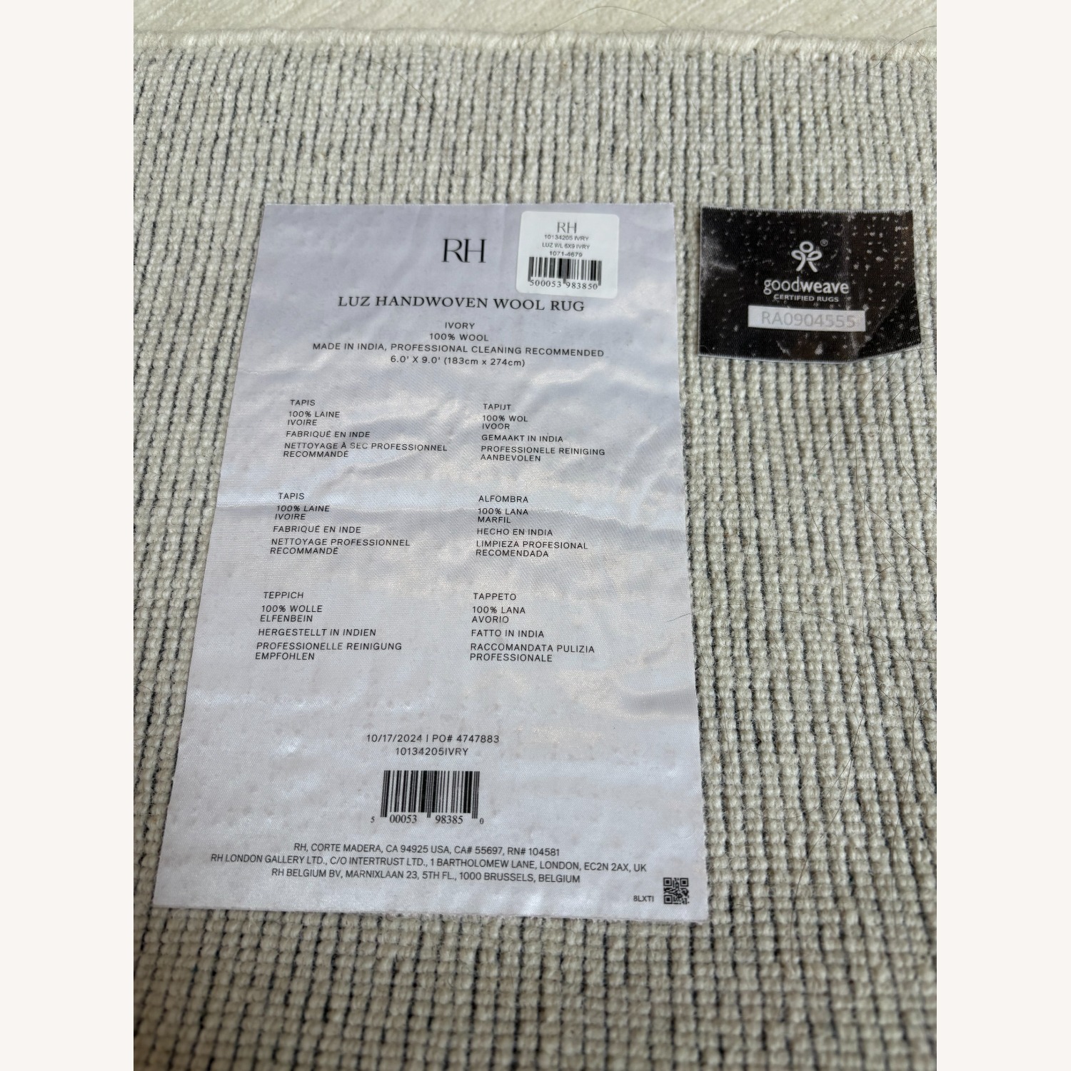 RH Luz Rug – 6' x 9' – Ivory – New Zealand Wool - image-7