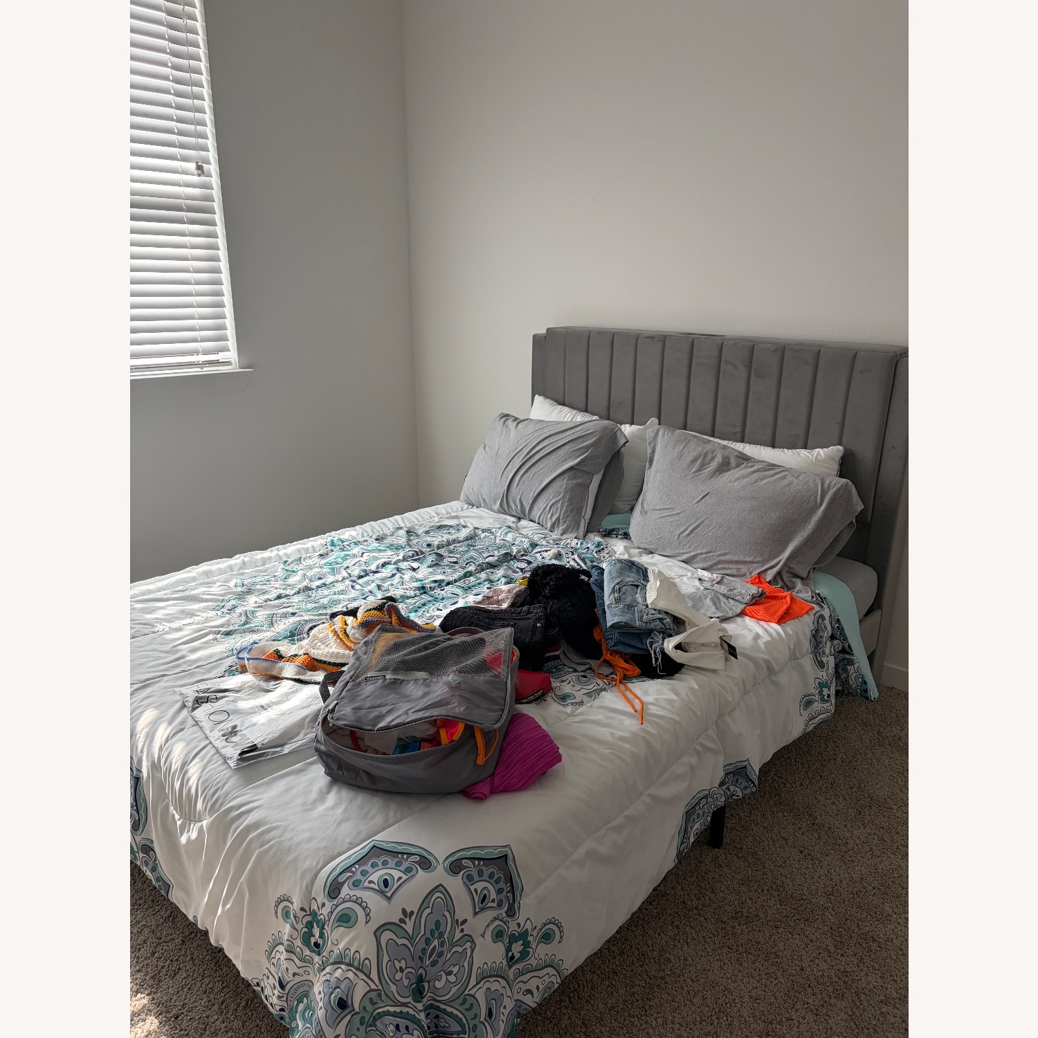 Wayfair Light Gray Suede Queen Bed - image-1