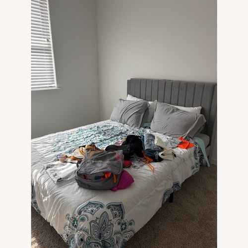 Used Wayfair Light Gray Suede Queen Bed for sale on AptDeco