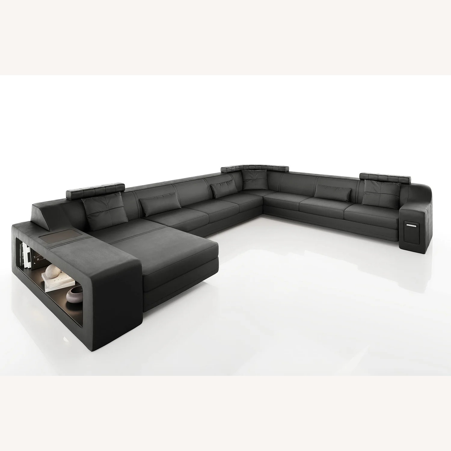 Black Leather 3+ Seater Sofa - image-0