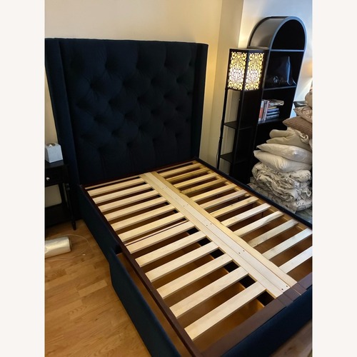 Used Harper High Headboard Full Bed Drawers Blue Velvet Tufted for sale on AptDeco