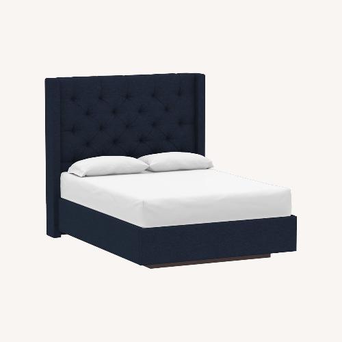 Used Harper High Headboard Full Bed Drawers Blue Velvet Tufted for sale on AptDeco