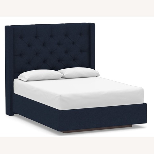 Used Harper High Headboard Full Bed Drawers Blue Velvet Tufted for sale on AptDeco