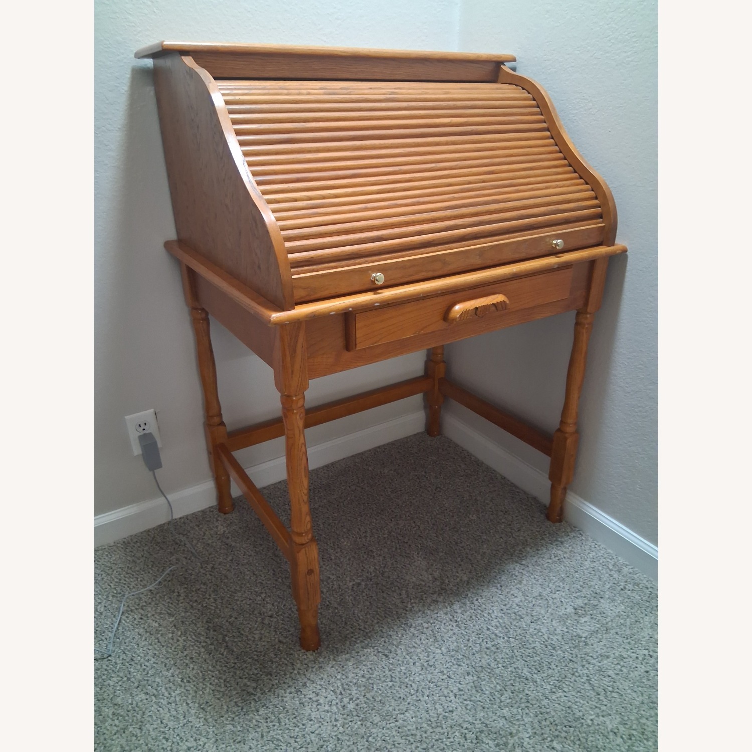 Vintage/Antique Light Brown Oak Wood Rolltop Desk - image-10