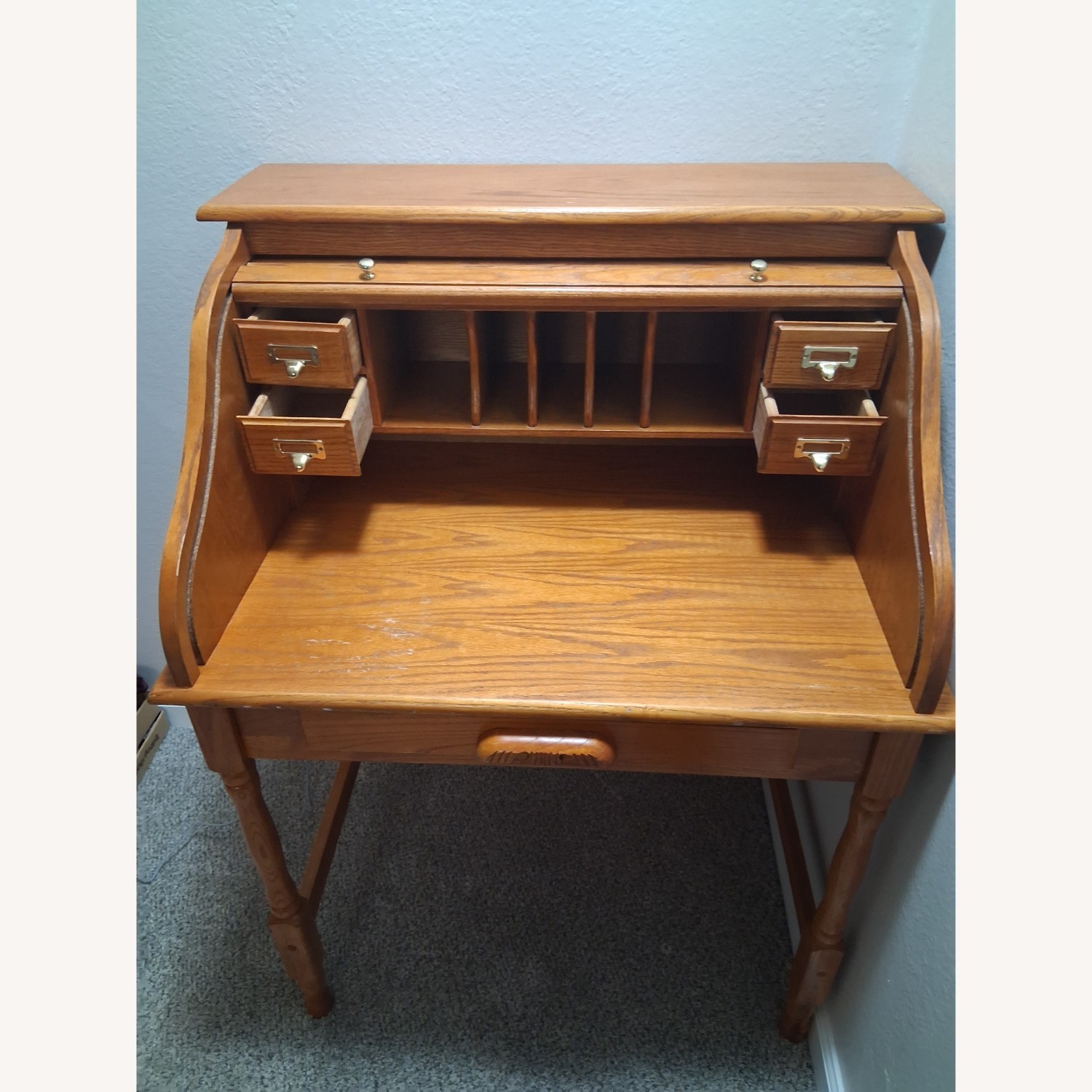 Vintage/Antique Light Brown Oak Wood Rolltop Desk - image-8