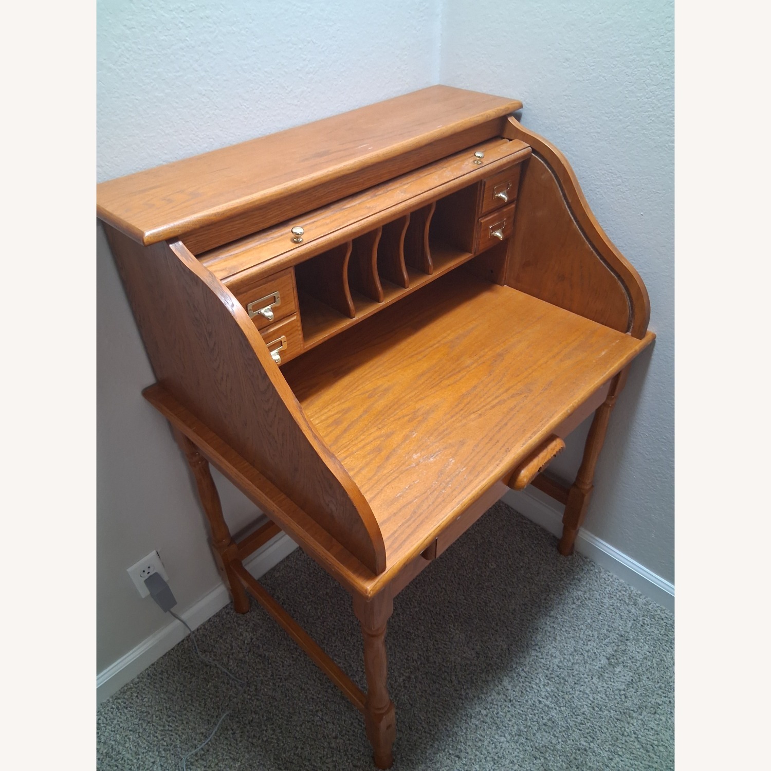 Vintage/Antique Light Brown Oak Wood Rolltop Desk - image-3