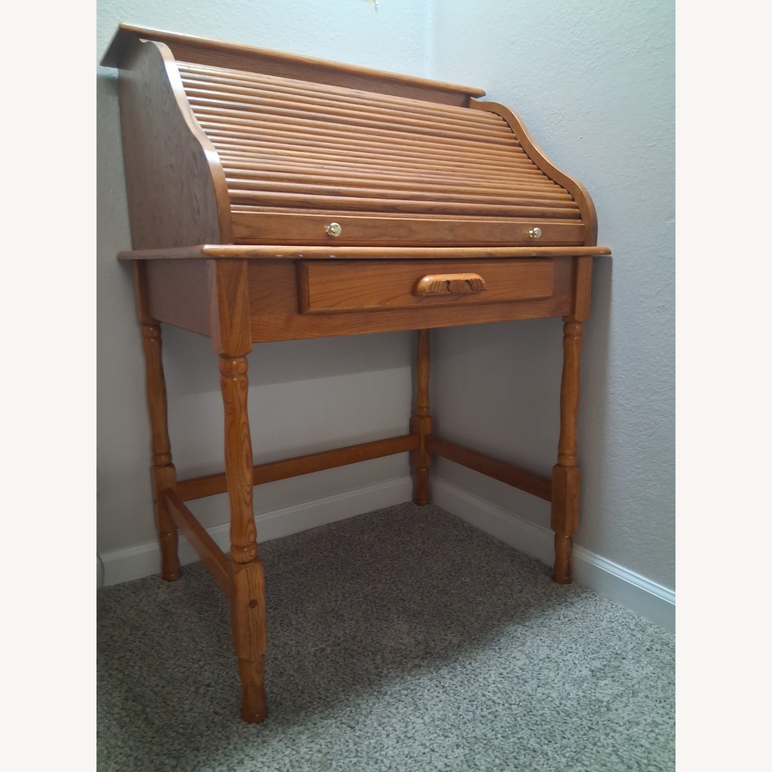 Vintage/Antique Light Brown Oak Wood Rolltop Desk - image-11