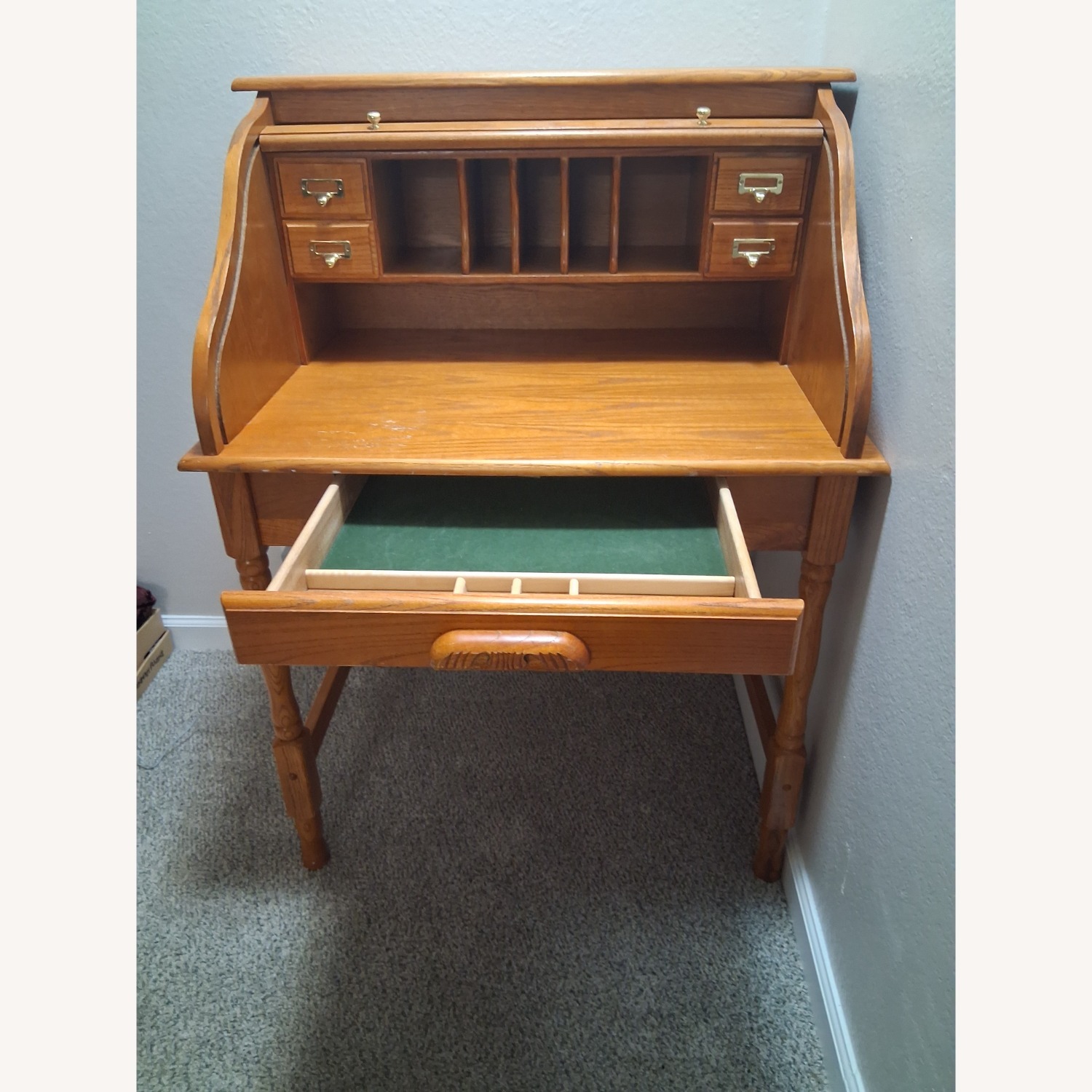 Vintage/Antique Light Brown Oak Wood Rolltop Desk - image-7