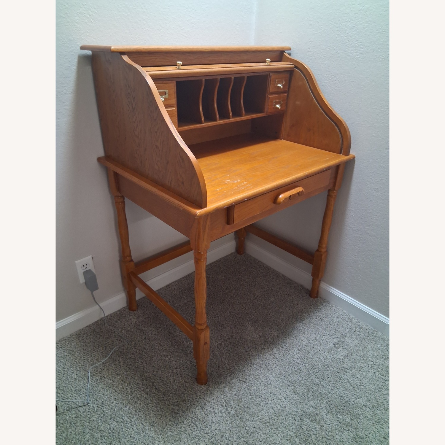 Vintage/Antique Light Brown Oak Wood Rolltop Desk - image-2