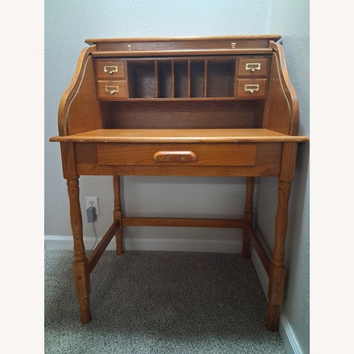 Used Vintage/Antique Light Brown Oak Wood Rolltop Desk for sale on AptDeco
