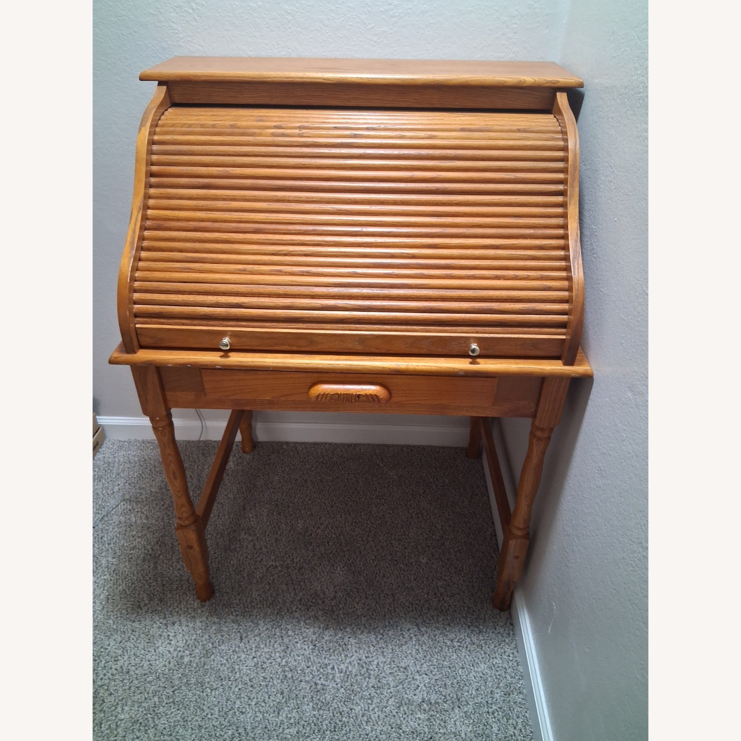 Vintage/Antique Light Brown Oak Wood Rolltop Desk - image-9