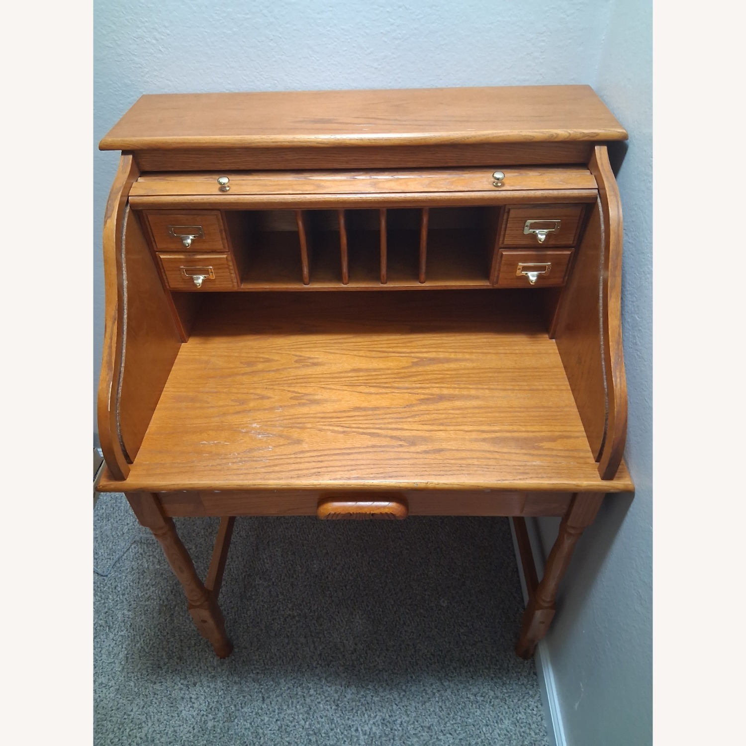 Vintage/Antique Light Brown Oak Wood Rolltop Desk - image-5