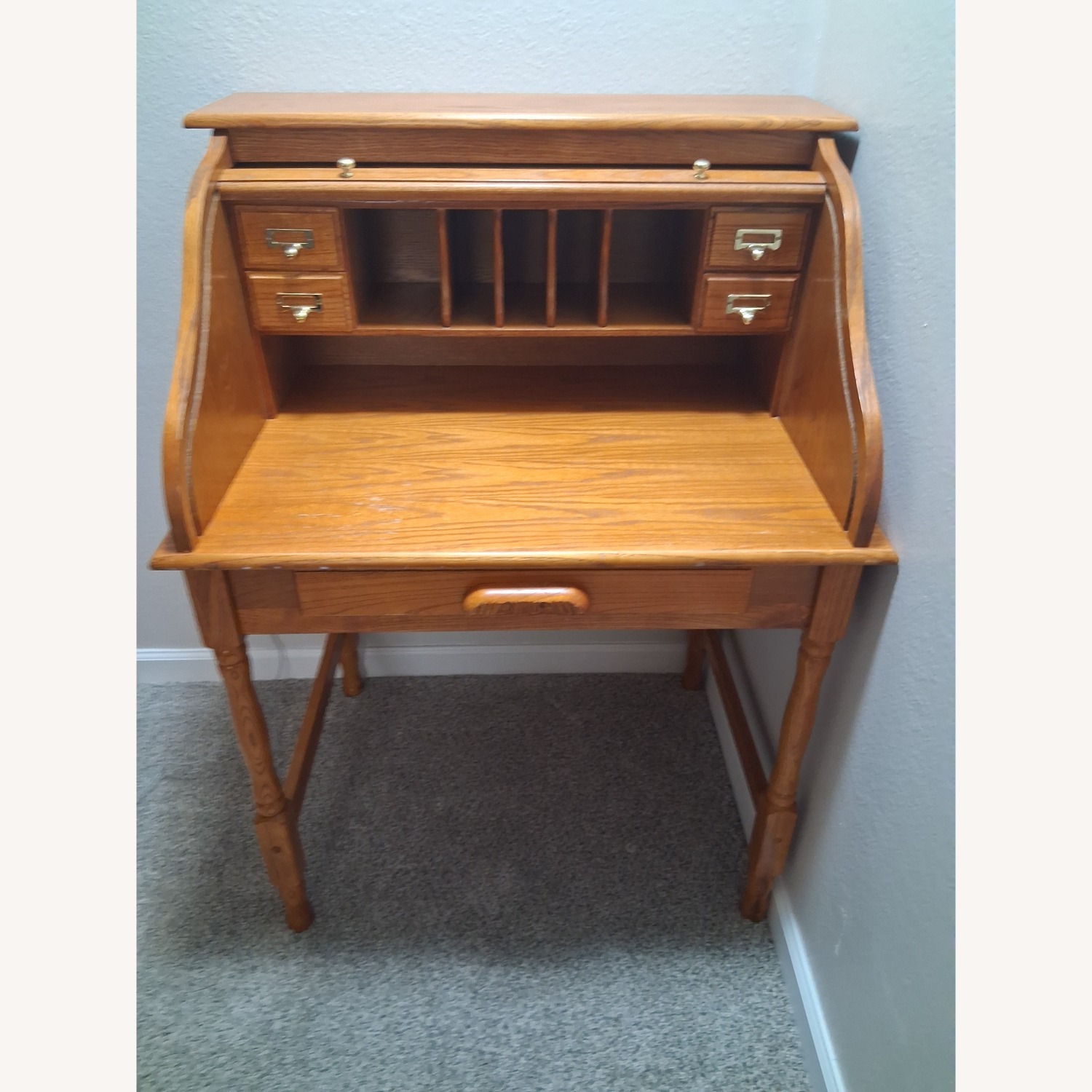 Vintage/Antique Light Brown Oak Wood Rolltop Desk - image-1