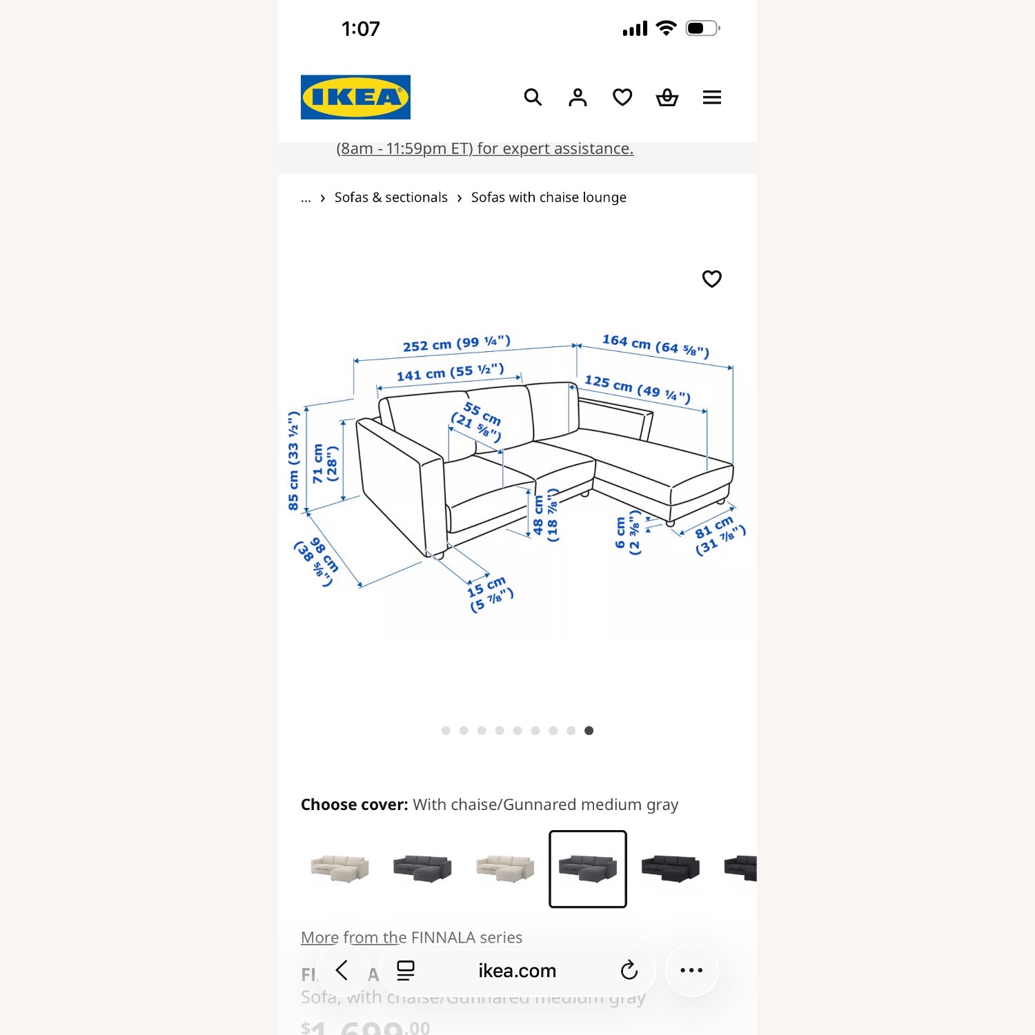 IKEA Finalla Dark Gray Fabric Chaise Lounge - image-6