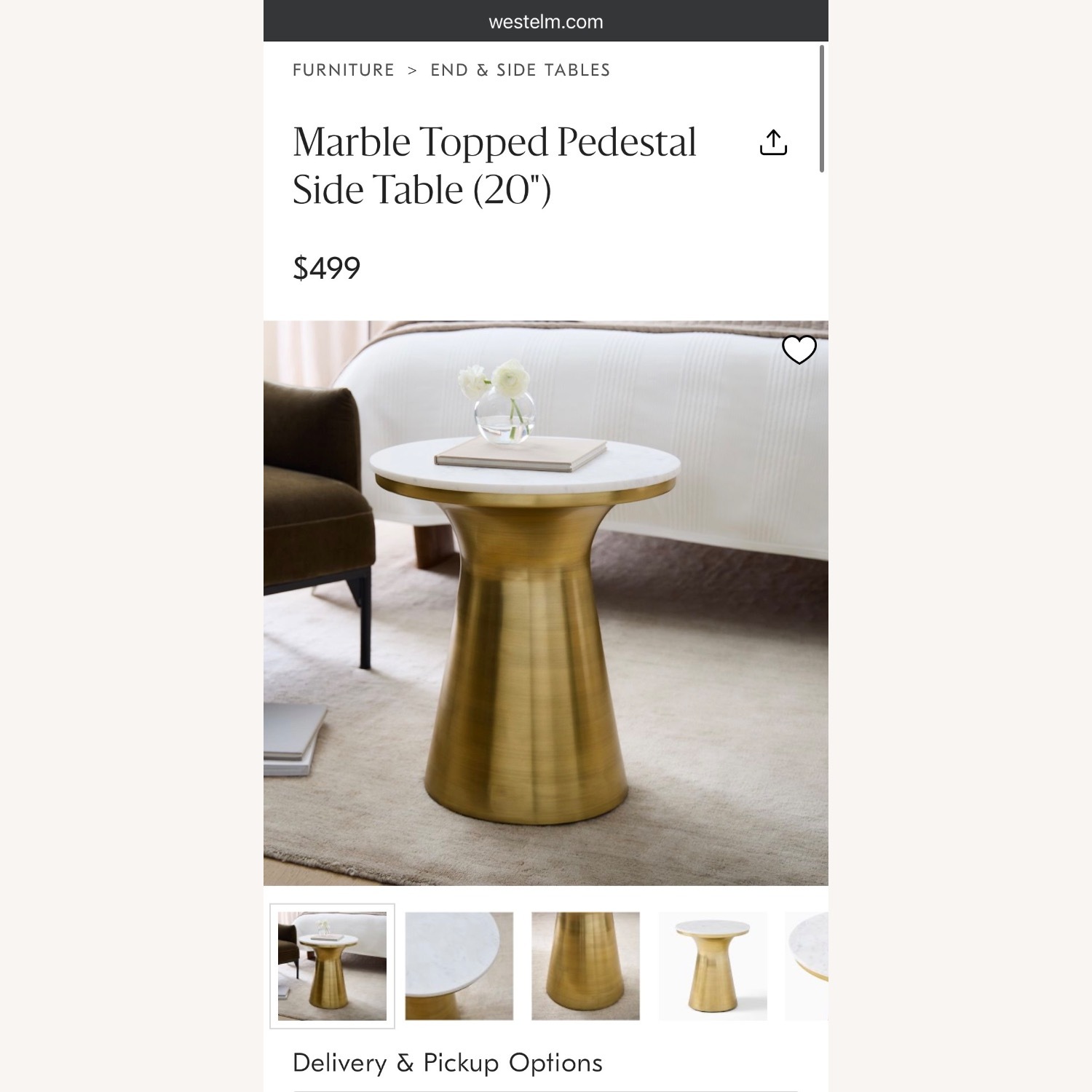 West Elm Marble Topped Pedestal Side Table (20") - image-1